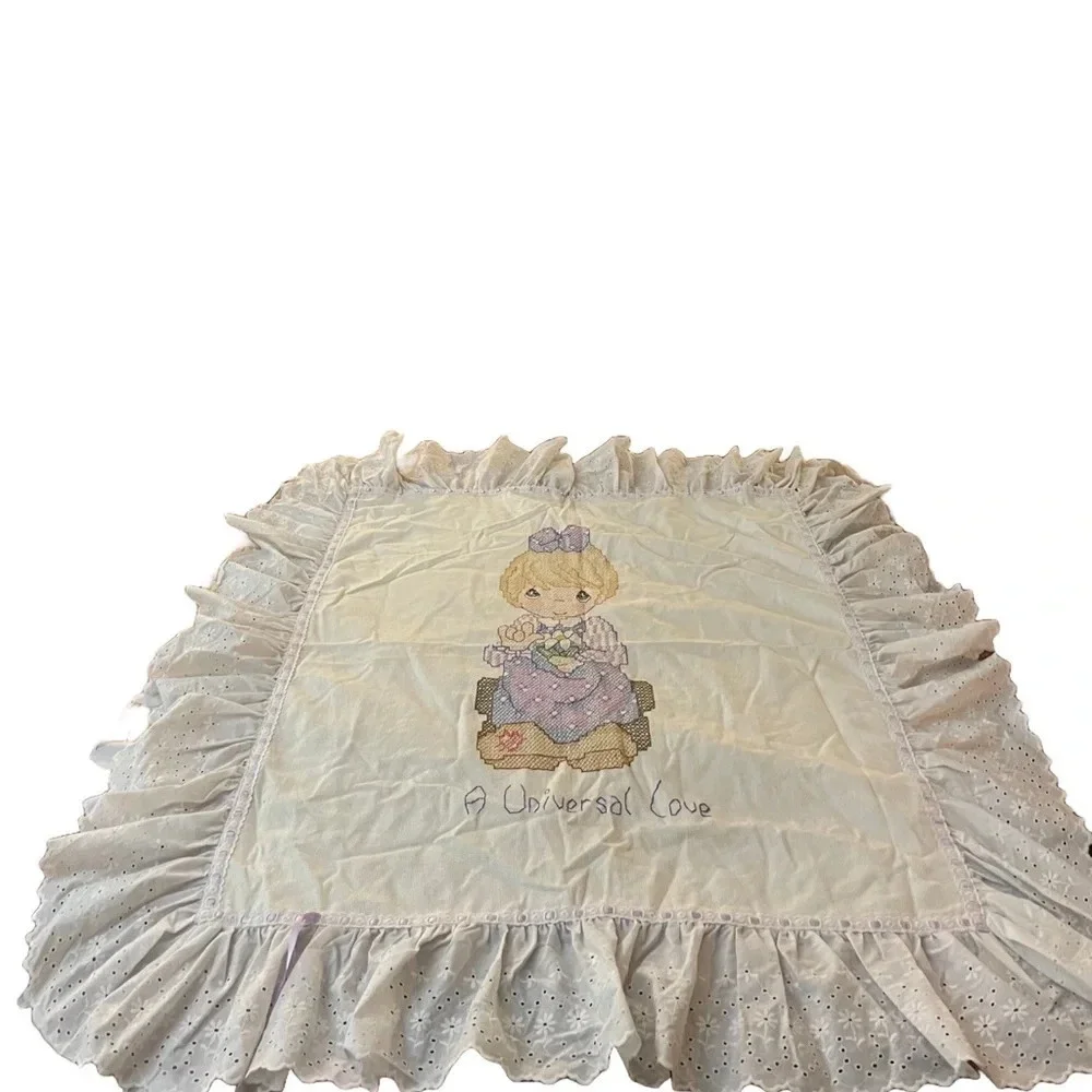 Vintage Precious Moments Handmade Cross stitched Baby Blanket w/ Eyelet Ruffle